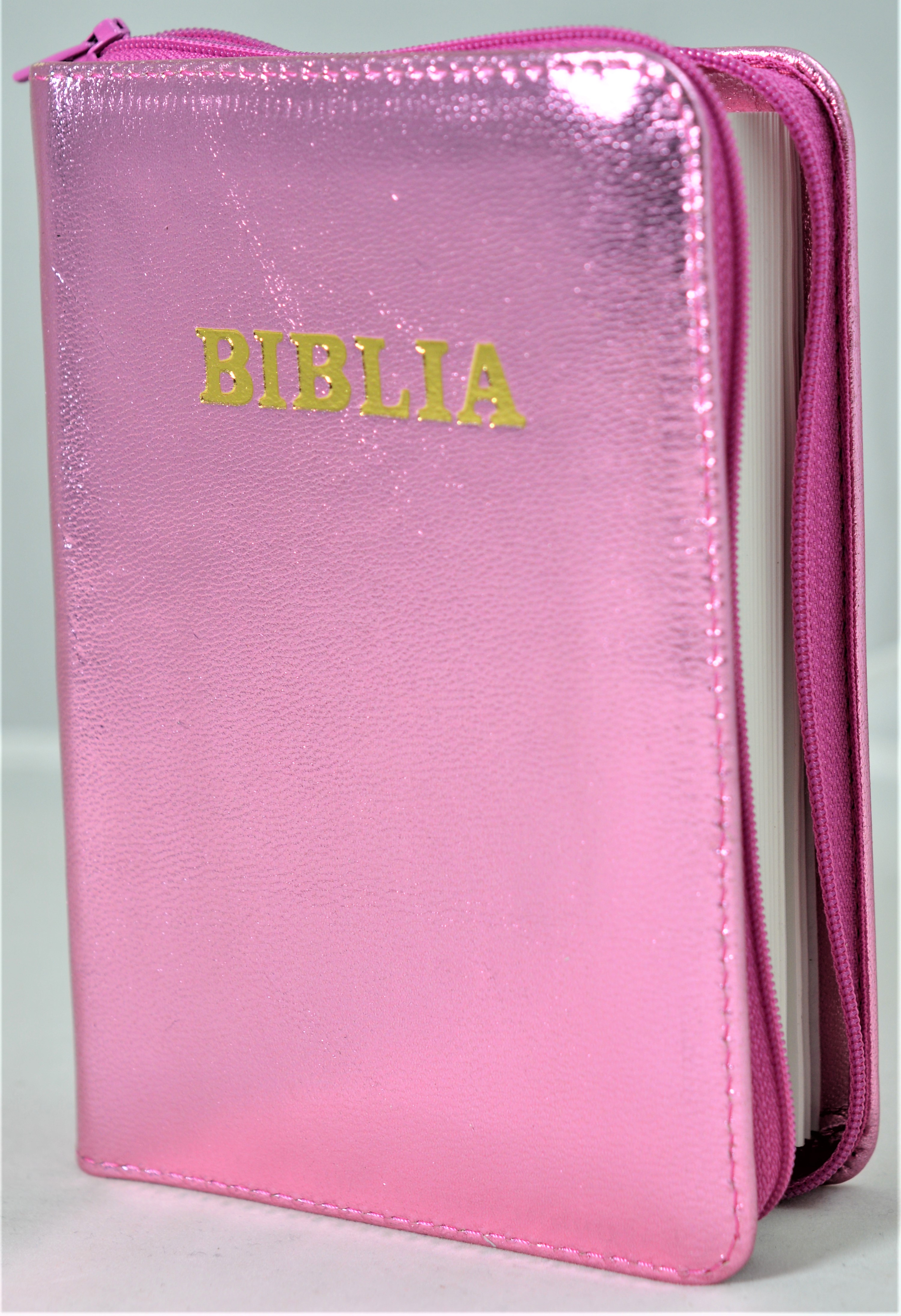 Biblie din piele, mica, roz sidefat, fermoar, margini albe, cuv. lui Isus in rosu [043 PF]