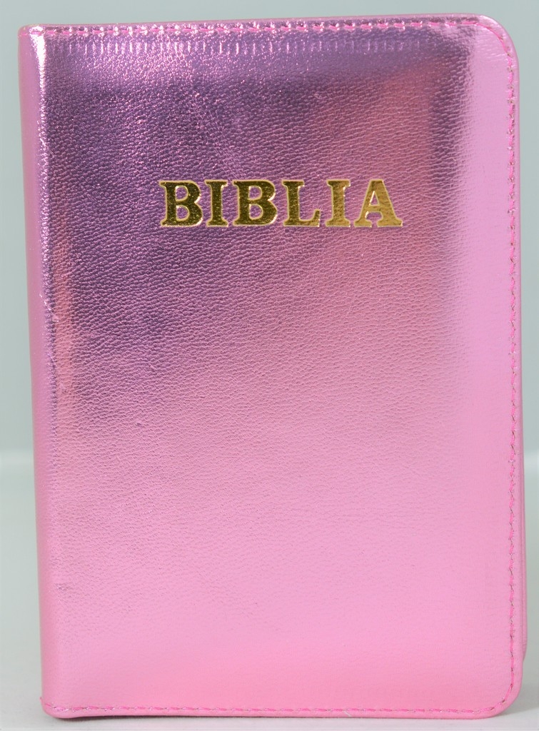 Biblie din piele, marime medie,roz sidefat, fermoar, index, margini aurii, cuv. lui Isus cu rosu [SB 057 PFI]