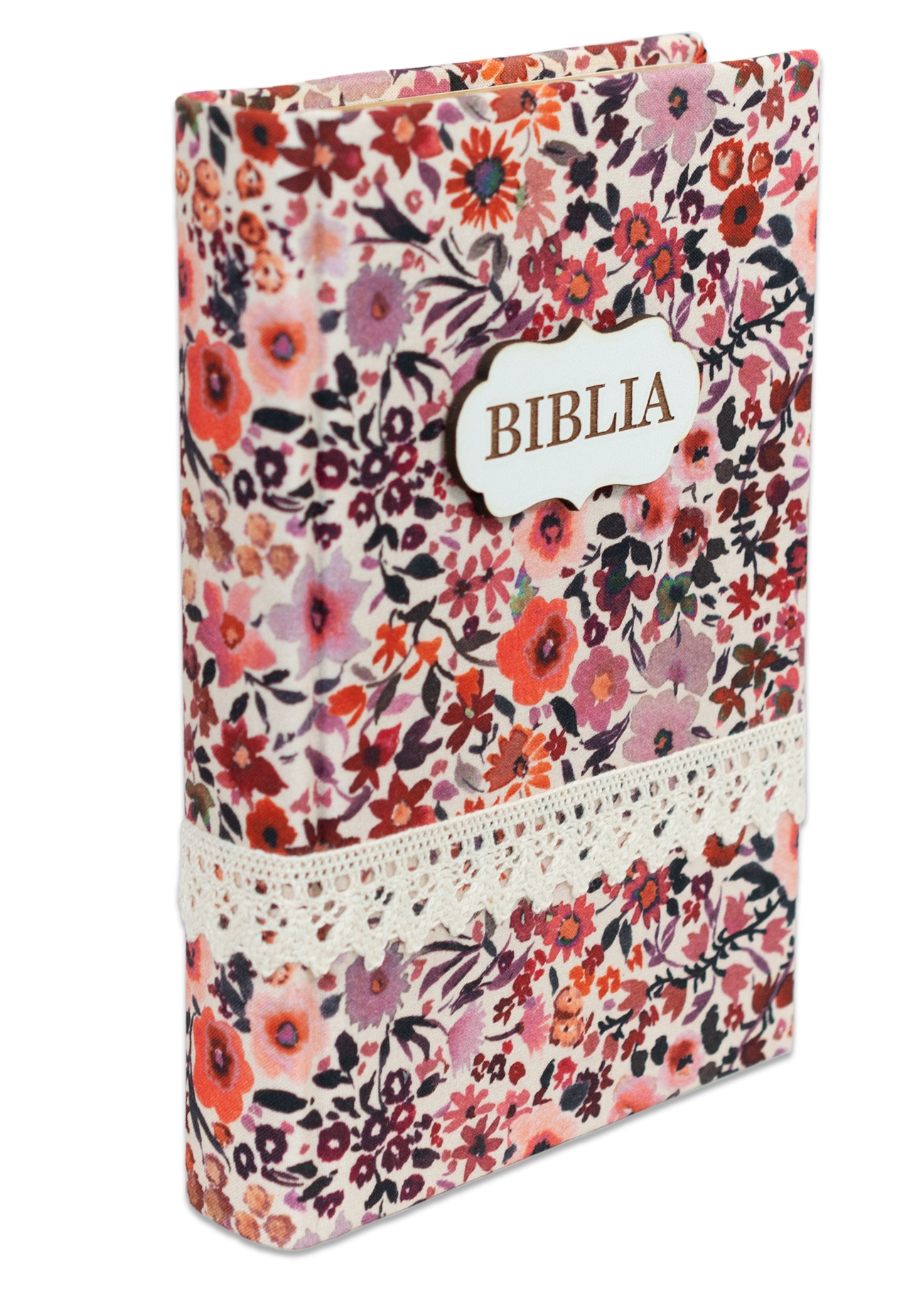 Biblia handmade, model 16, marime medie, coperta tare textila, margini aurii, index, cuv. lui Isus cu rosu [SI 057 HM]