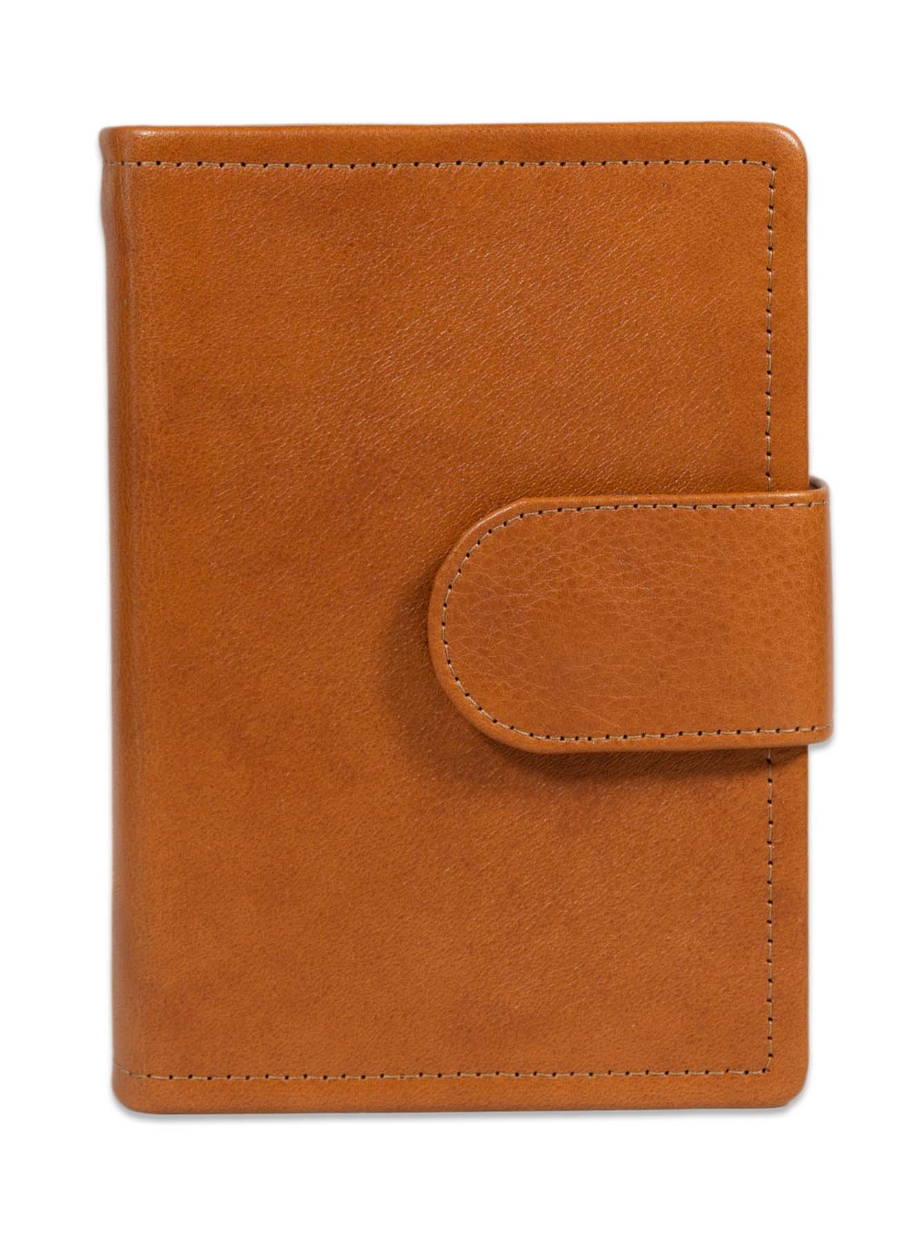 Biblia mica, din piele, maro deschis , bareta cu capsa, index, margini argintii, cuv. lui Isus in rosu [MAR 047 PCI]