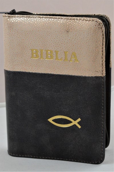 Biblie din piele, mica, maro /roz cu imprimeu , fermoar, margini albe, simbolul peste, cuv. lui Isus in rosu [043 PF]