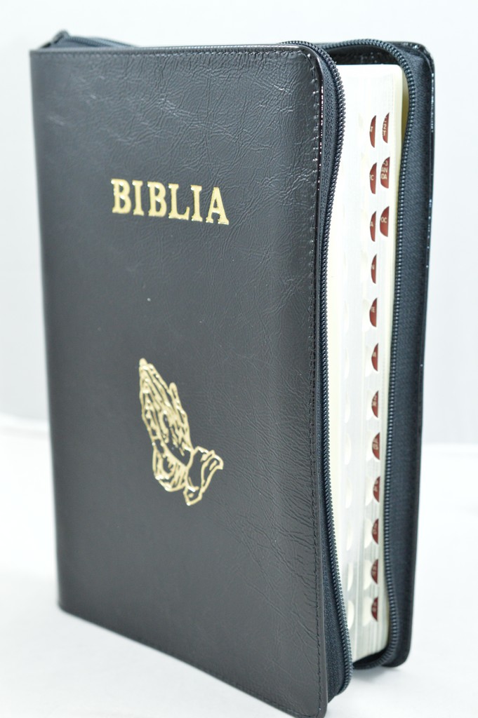 Biblie mare, piele, negru lacuit, fermoar, index, margini argintii, simbol maini, cuv. Isus cu rosu [SI 073 PFI]