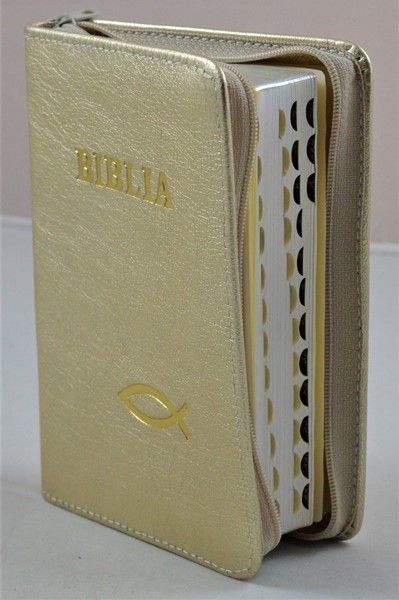 Biblia format mic, din piele, culoare bej sidefat, index, fermoar, margini argintii,simbolul peste, cuv. lui Isus in rosu [047 PFI]