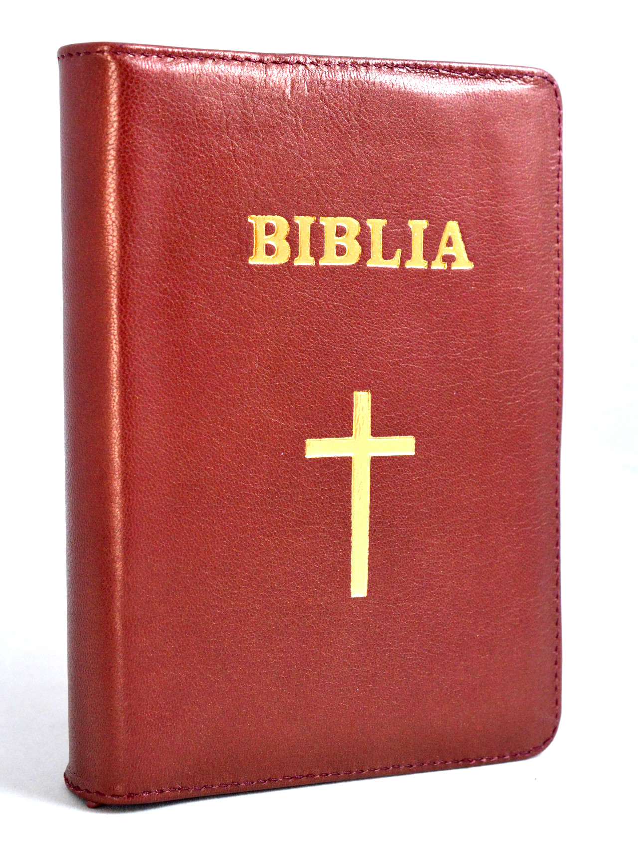 Biblia format mic, din piele, culoare stacojie, index, fermoar, margini argintii, simbol cruce, cuv. lui Isus in rosu [047 PFI]