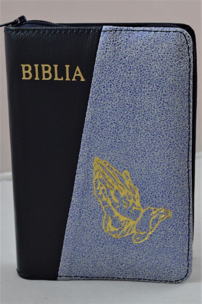 Biblie din piele, mica, bleumaren/alb cu albastru metalizat, fermoar, margini albe, simbolul maini in ruga, cuv. lui Isus in rosu [043 PF]