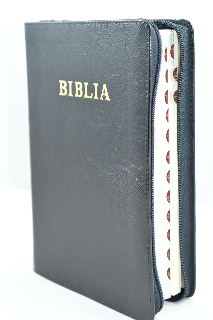 Biblie mare, piele, negru lacuit, fermoar, index, margini argintii, cuv. Isus cu rosu [SI 073 PFI]