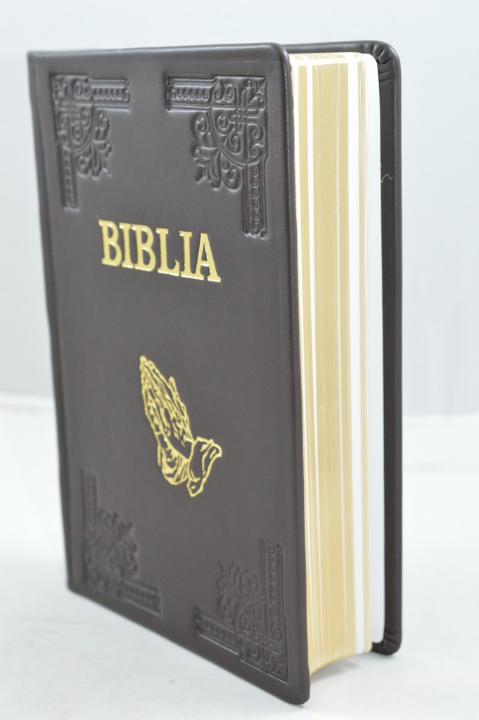 Biblia din piele, handmade, marime mare, maro inchis, margini aurii, simbol maini, cuv. lui Isus cu rosu [073 HM]