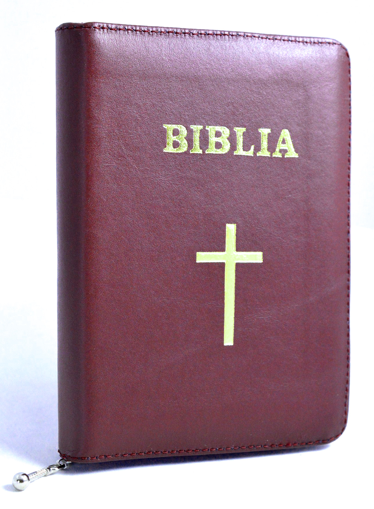Biblia format mic, din piele, culoare visinie, index, fermoar, margini argintii, simbol cruce, cuv. lui Isus in rosu [047 PFI]
