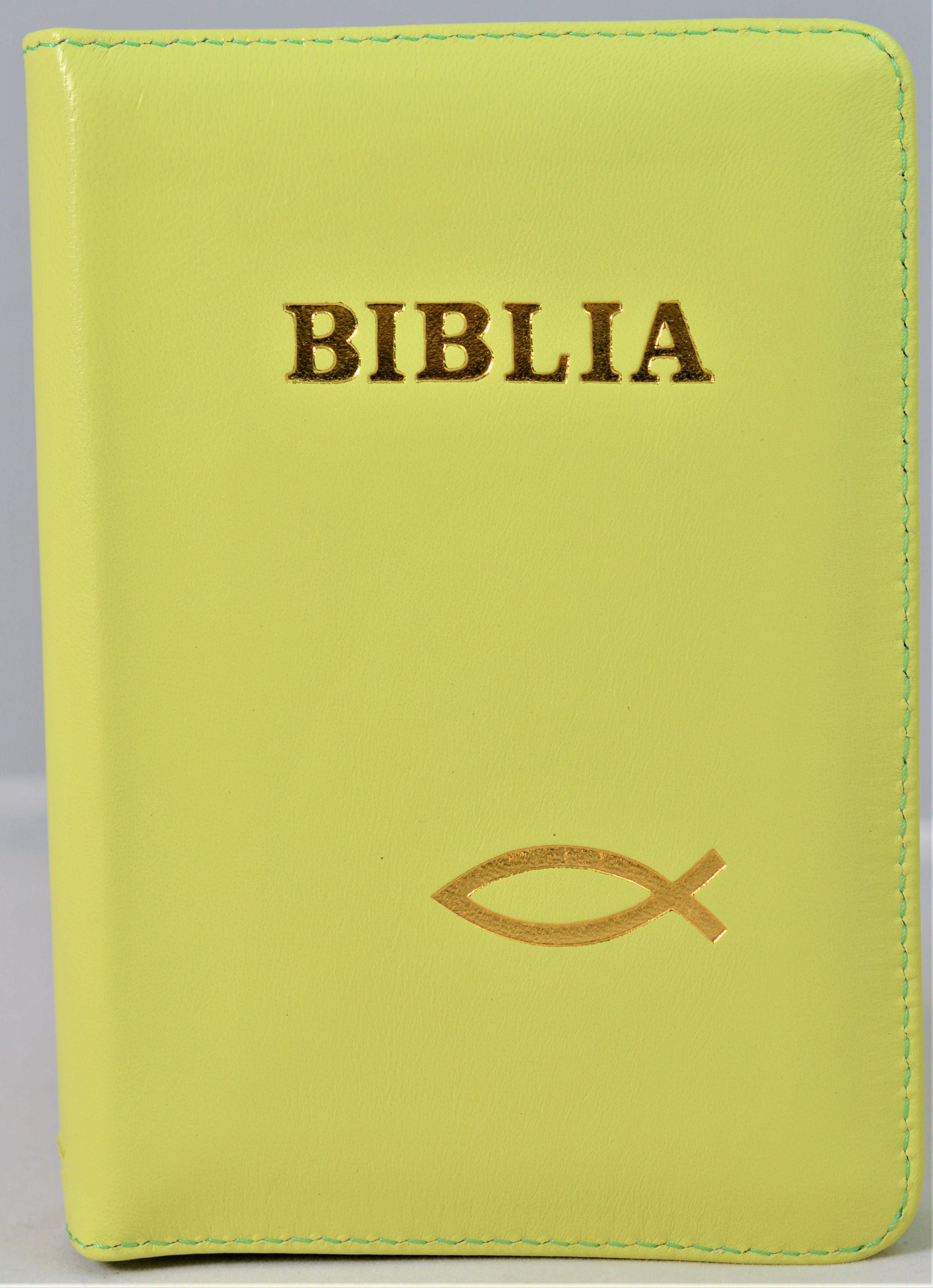 Biblie din piele, mica, culoare verde deschis, fermoar, margini albe, simbolul peste, cuv. lui Isus in rosu [043 PF]