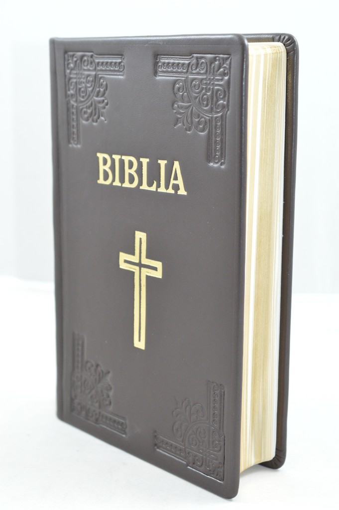 Biblia din piele, handmade, marime mare,maro inchis, margini aurii, simbol cruce, cuv. lui Isus cu rosu [073 HM]