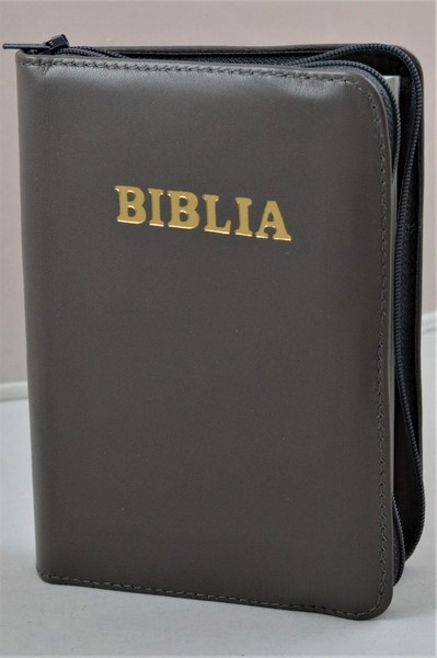 Biblia format mic, din piele, culoare bronz, index, fermoar, margini argintii, cuv. lui Isus in rosu [047 PFI]