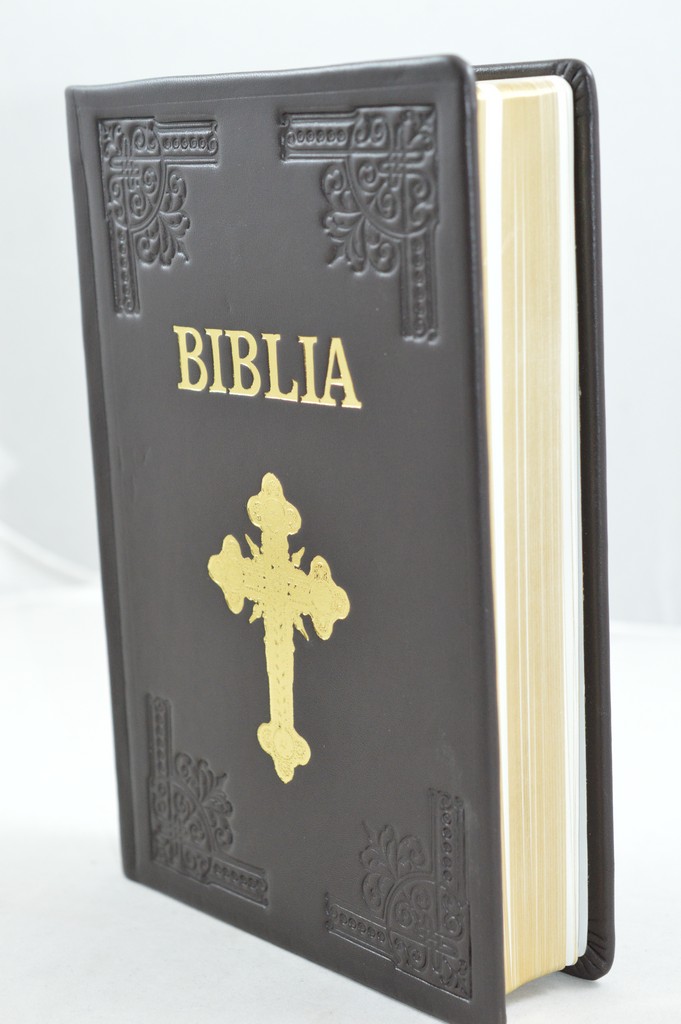 Biblia din piele, handmade, marime mare, maro inchis, margini aurii, simbol cruce, cuv. lui Isus cu rosu [073 HM]