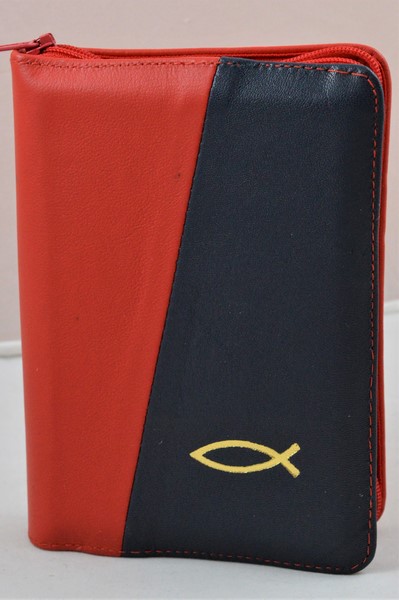 Biblie din piele, mica, rosu/albastru, fermoar, margini albe, simbolul peste, cuv. lui Isus in rosu [043 PF]