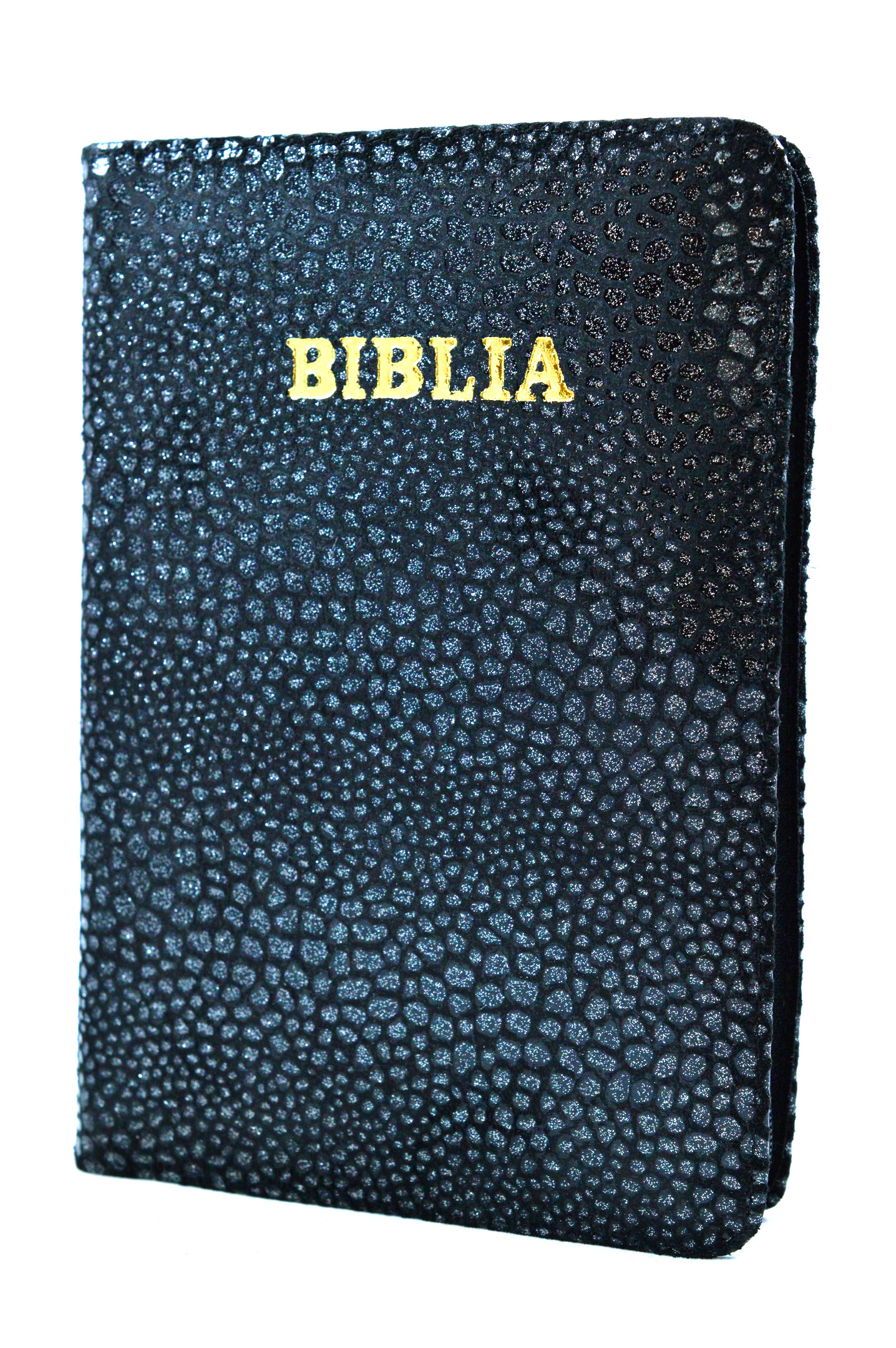 Biblia din piele, marime medie, neagra cu pete argintii, fermoar, cuv. lui Isus cu rosu [053]