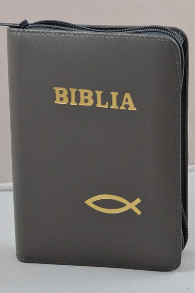 Biblia format mic, din piele, culoare gri, index, fermoar, margini argintii, simbolul peste, cuv. lui Isus in rosu [047 PFI]