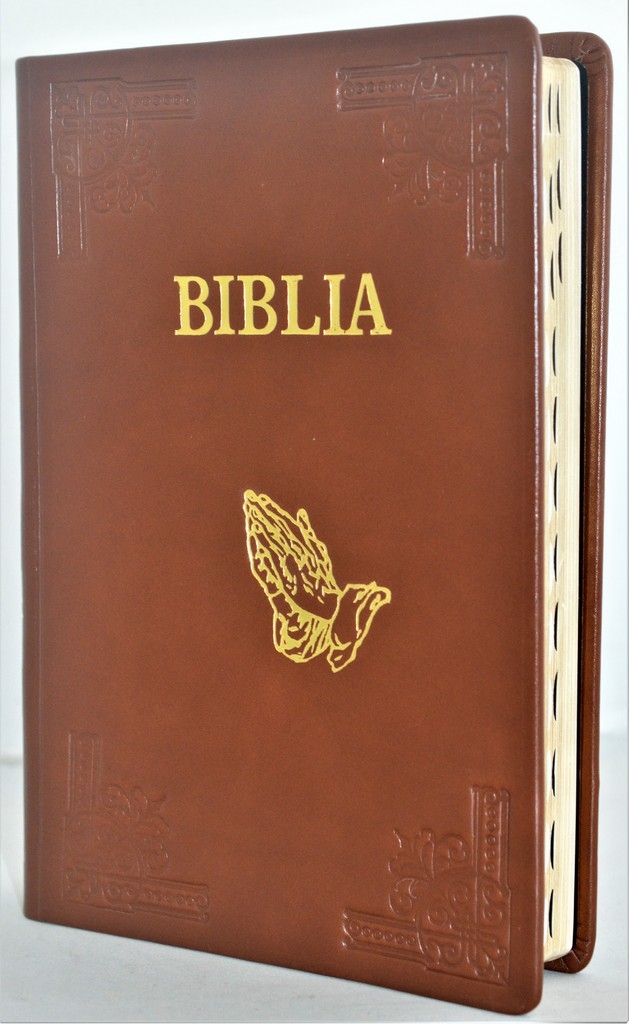 Biblia foarte mare, piele handmade, scris foarte mare, nuanta maro, aurita, index, concordanta, simbol maini, trad. Cornilescu [CO 087 HMI]