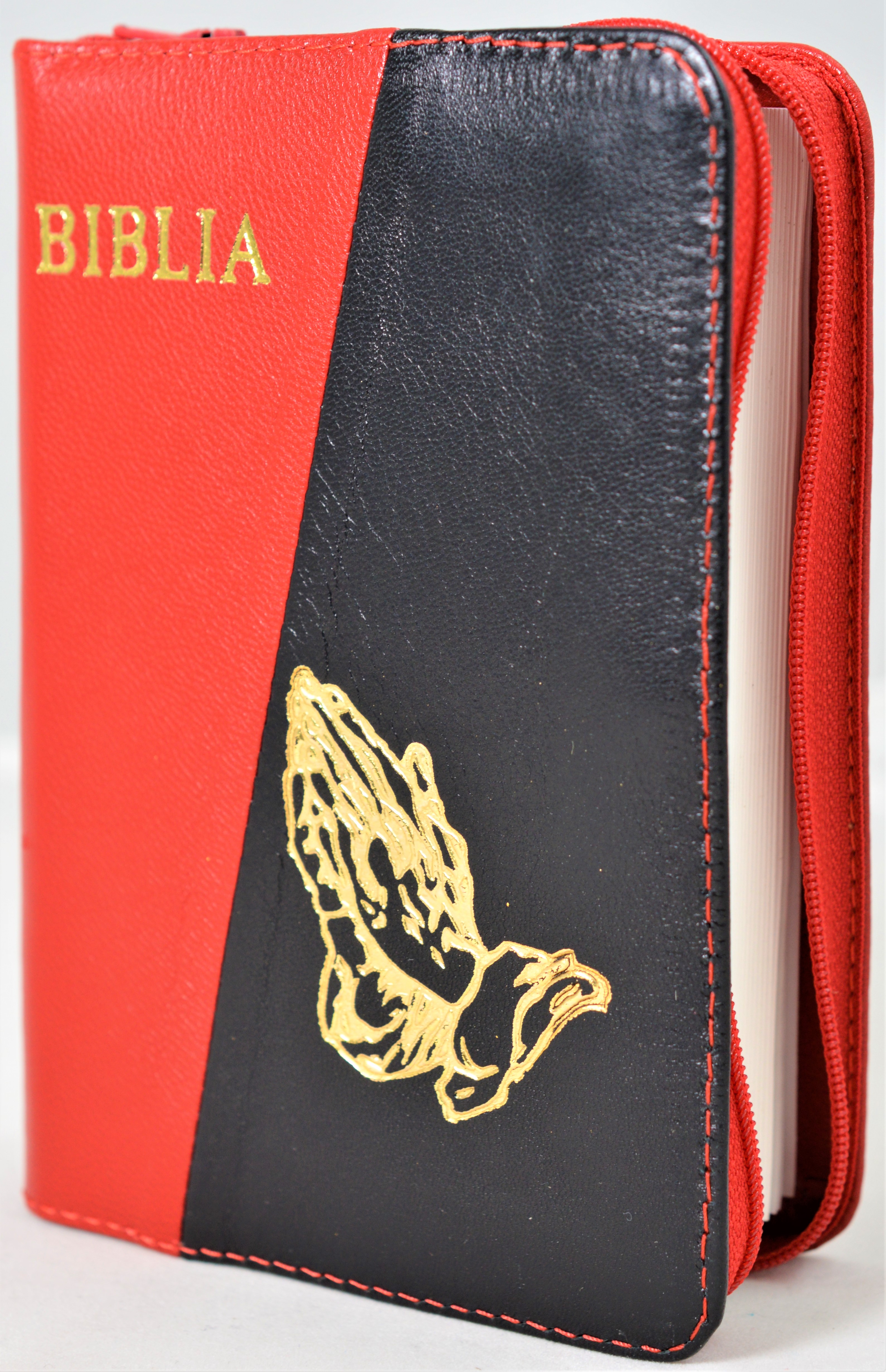 Biblie din piele, mica, culoare rosie/negru, fermoar, margini albe, simbolul maini in ruga, cuv. lui Isus in rosu [043 PF]