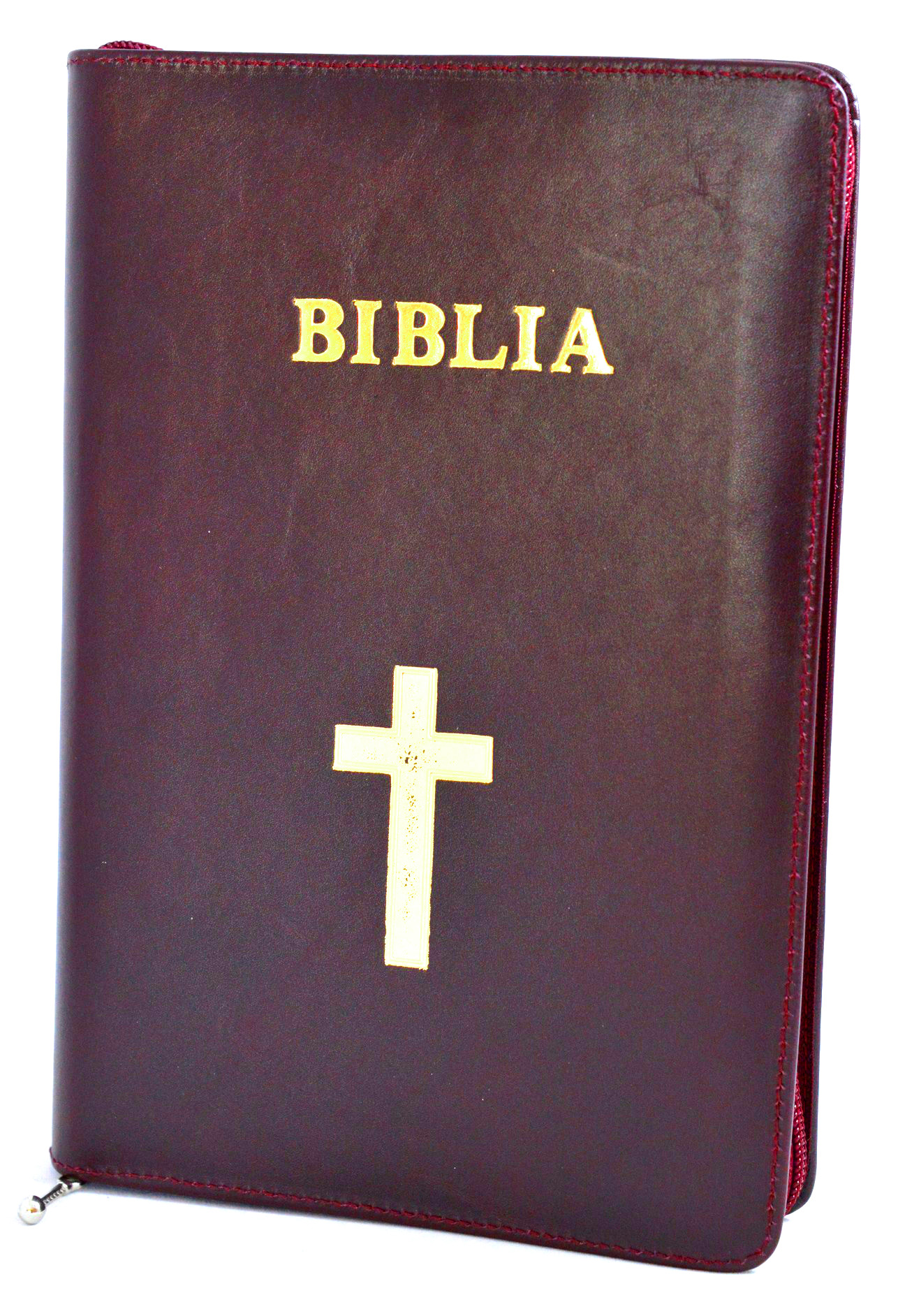 Biblia mare, coperta piele, visinie, fermoar, simbol cruce [VS 073 PF]