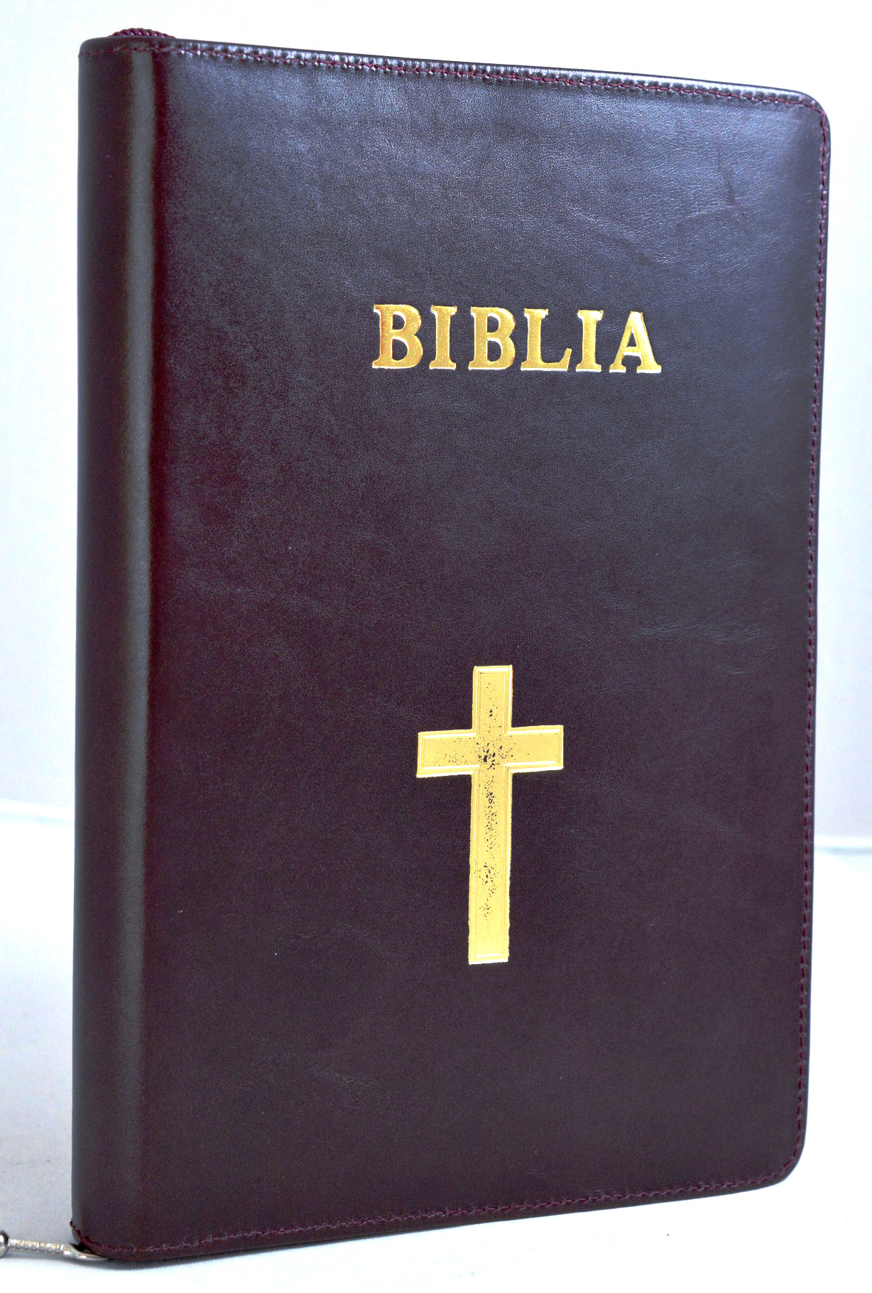 Biblia marime medie, din piele, bleumarin, fermoar, simbol cruce [063 PF]