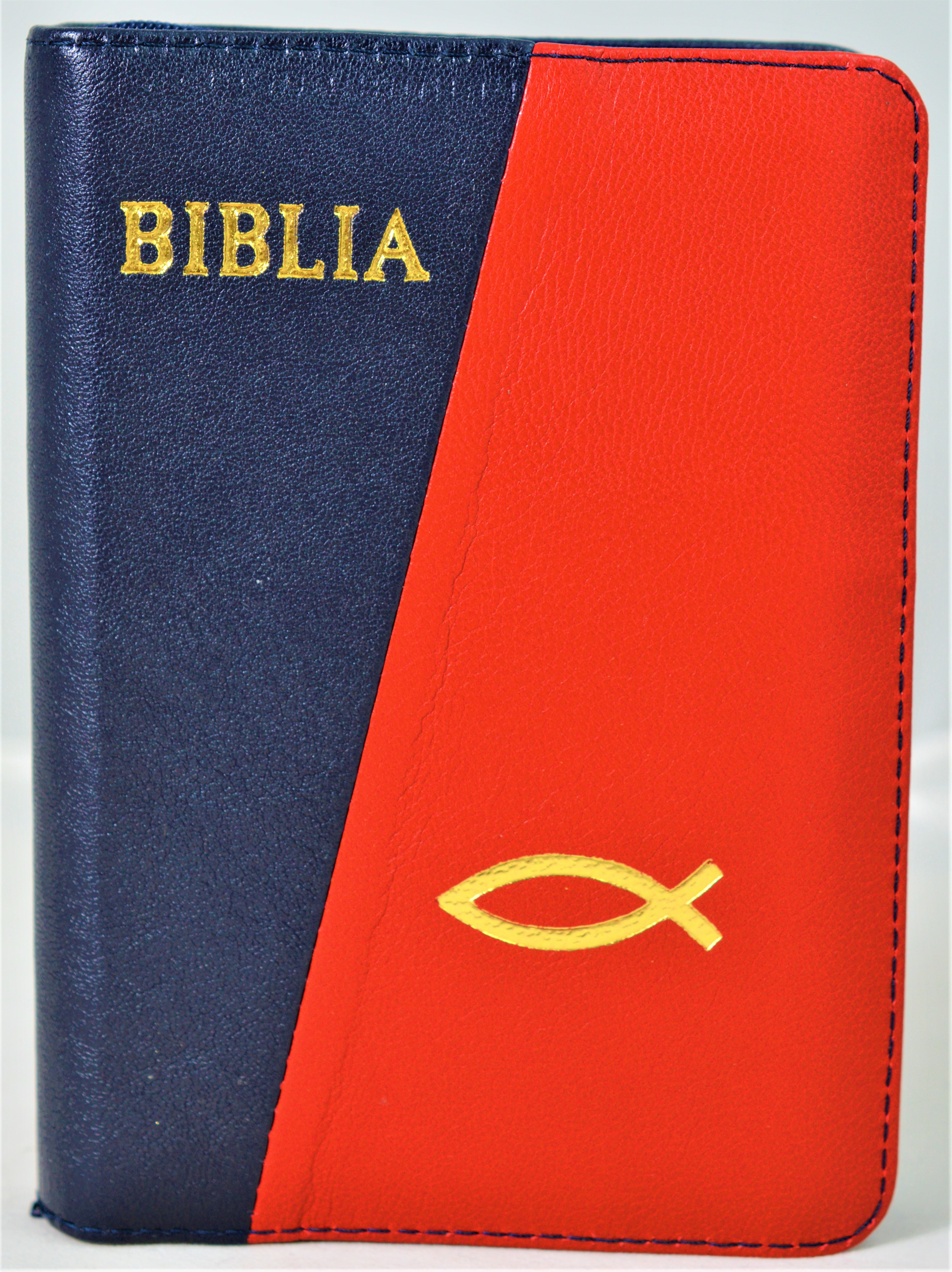 Biblie din piele, mica, culoare bleumarin/rosie, fermoar, margini albe, simbolul peste, cuv. lui Isus in rosu [043 PF]
