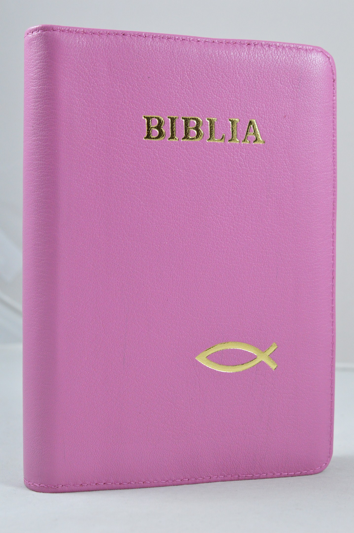 Biblia din piele, marime medie, roz, fermoar, simbol peste, cuv. lui Isus cu rosu [053]