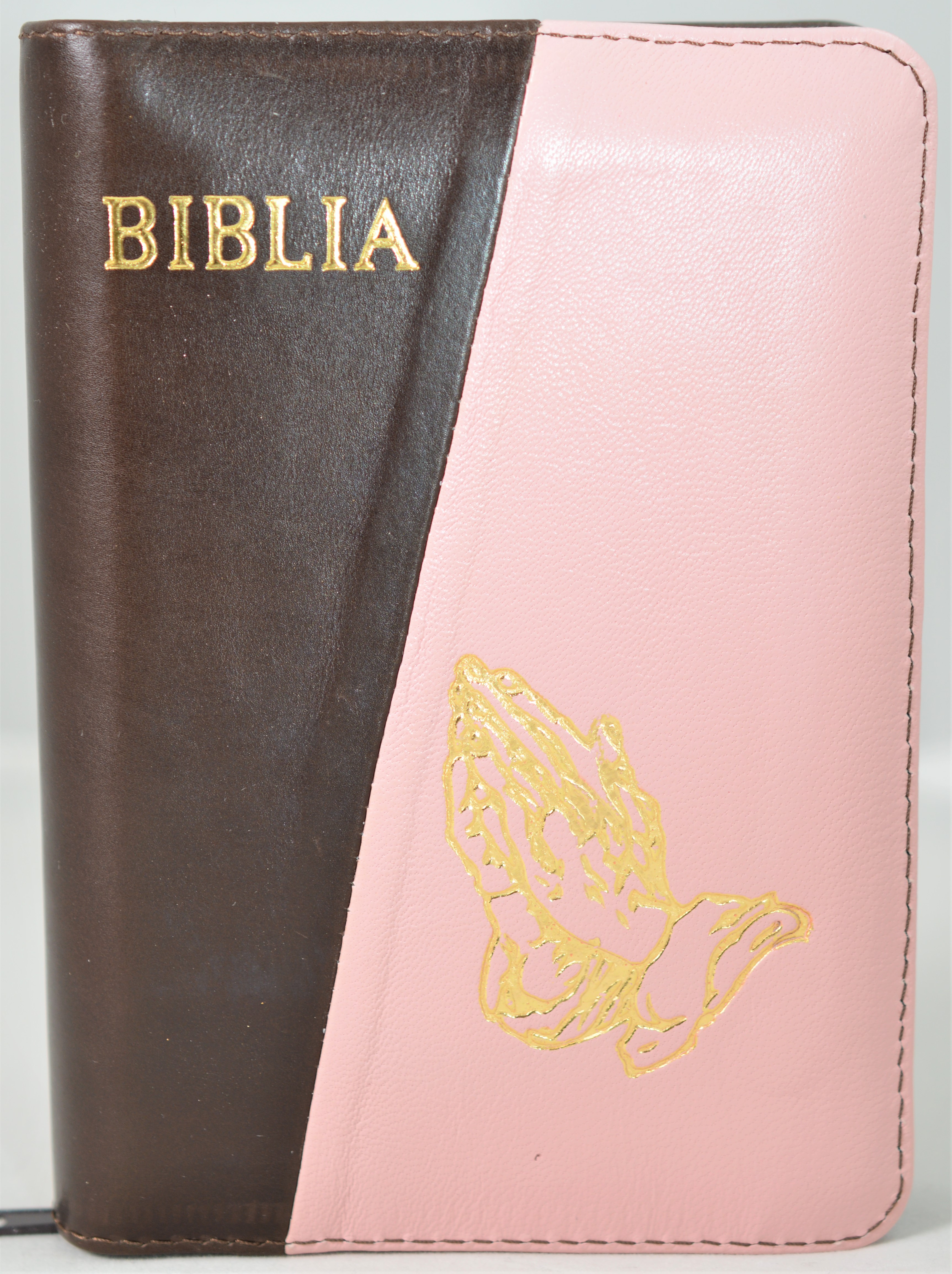 Biblie din piele, mica, culoare maro/roz, fermoar, margini albe, simbolul maini in ruga, cuv. lui Isus in rosu [043 PF]