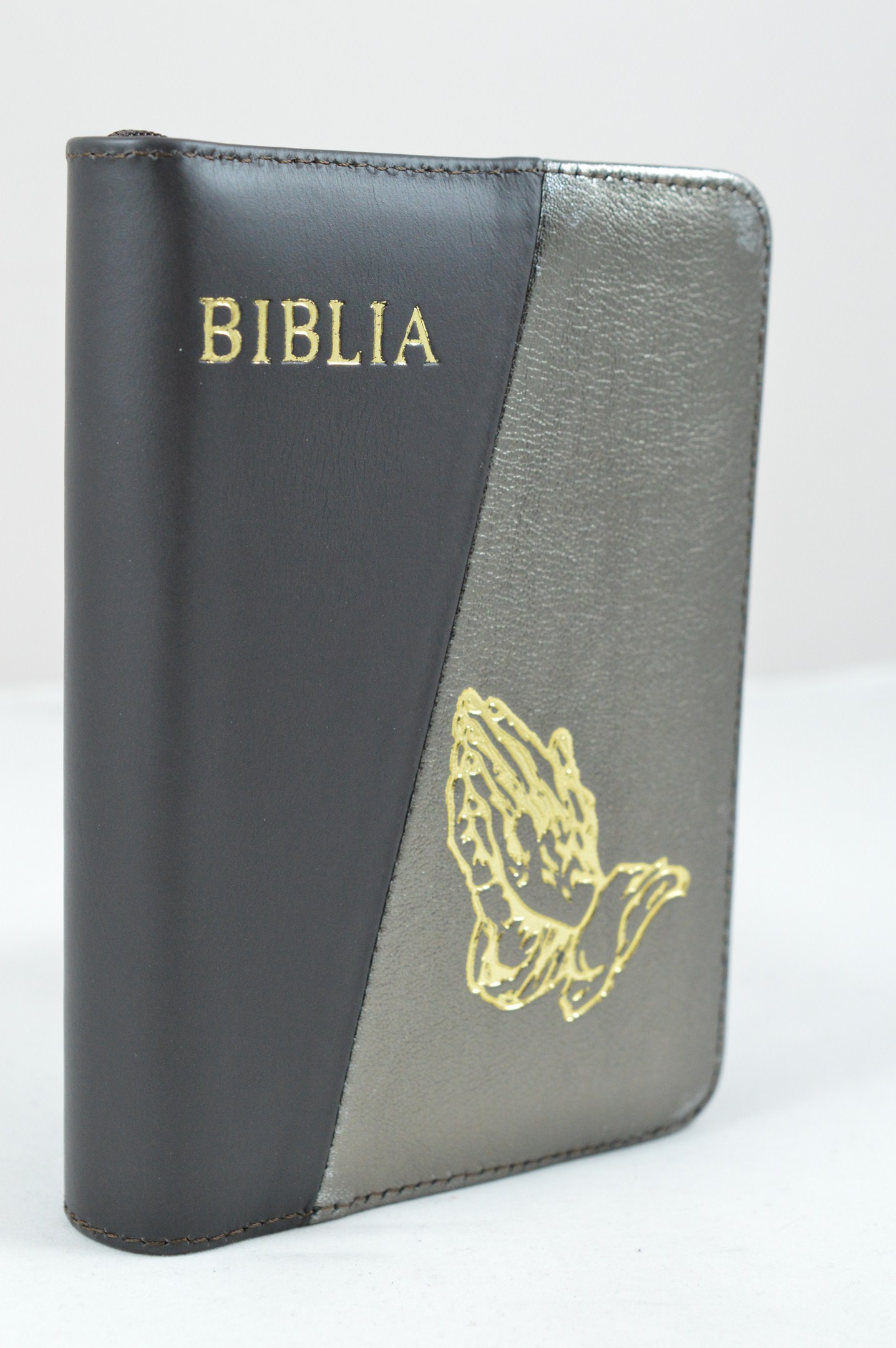 Biblia format mic, din piele, culoare negru cu gri sidefat, index, fermoar, margini aurii, cu maini in ruga, cuv. lui Isus in rosu [047 PFI]