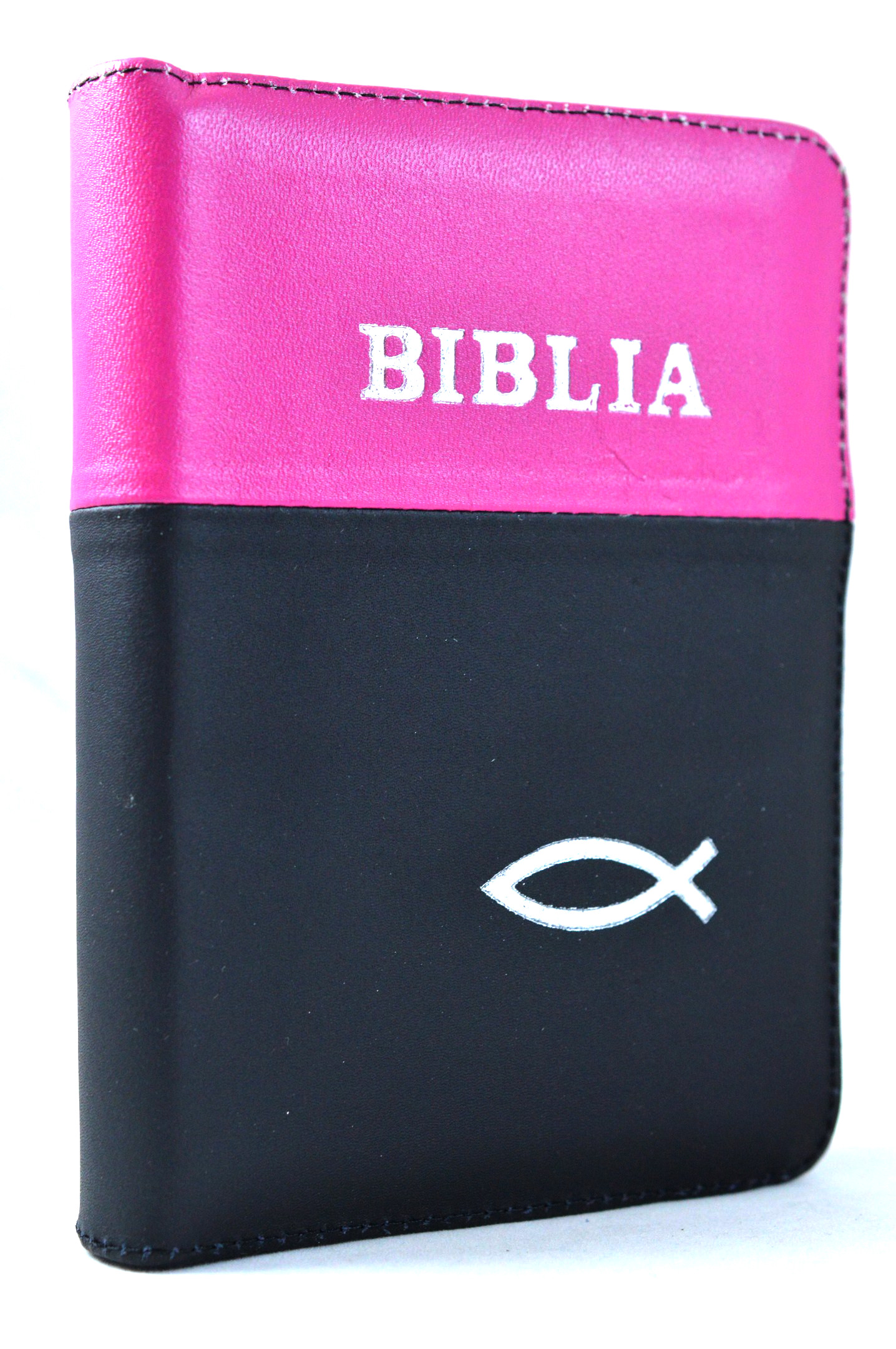 Biblia format mic, din piele, culoare magenta - negru, index, fermoar, margini argintii, simbol peste, cuv. lui Isus in rosu [047 PFI]