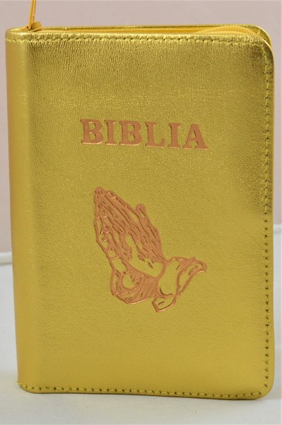 Biblie din piele, mica, auriu sidefat, fermoar, margini albe, simbolul maini in ruga, cuv. lui Isus in rosu [043 PF]