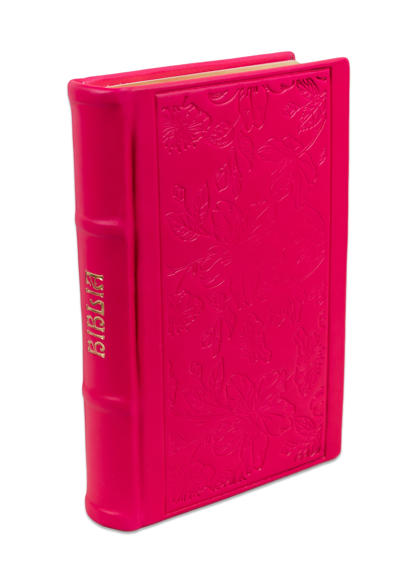 Biblia editie limitata, prelucrata manual, marime medie, roz , margini aurii, index, model floral , cuv. lui Isus cu rosu [057 HMI]