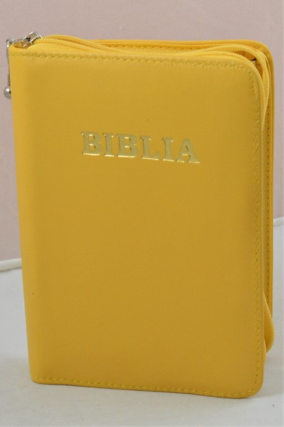 Biblie din piele, mica, galbena, fermoar, margini albe, cuv. lui Isus in rosu [043 PF]