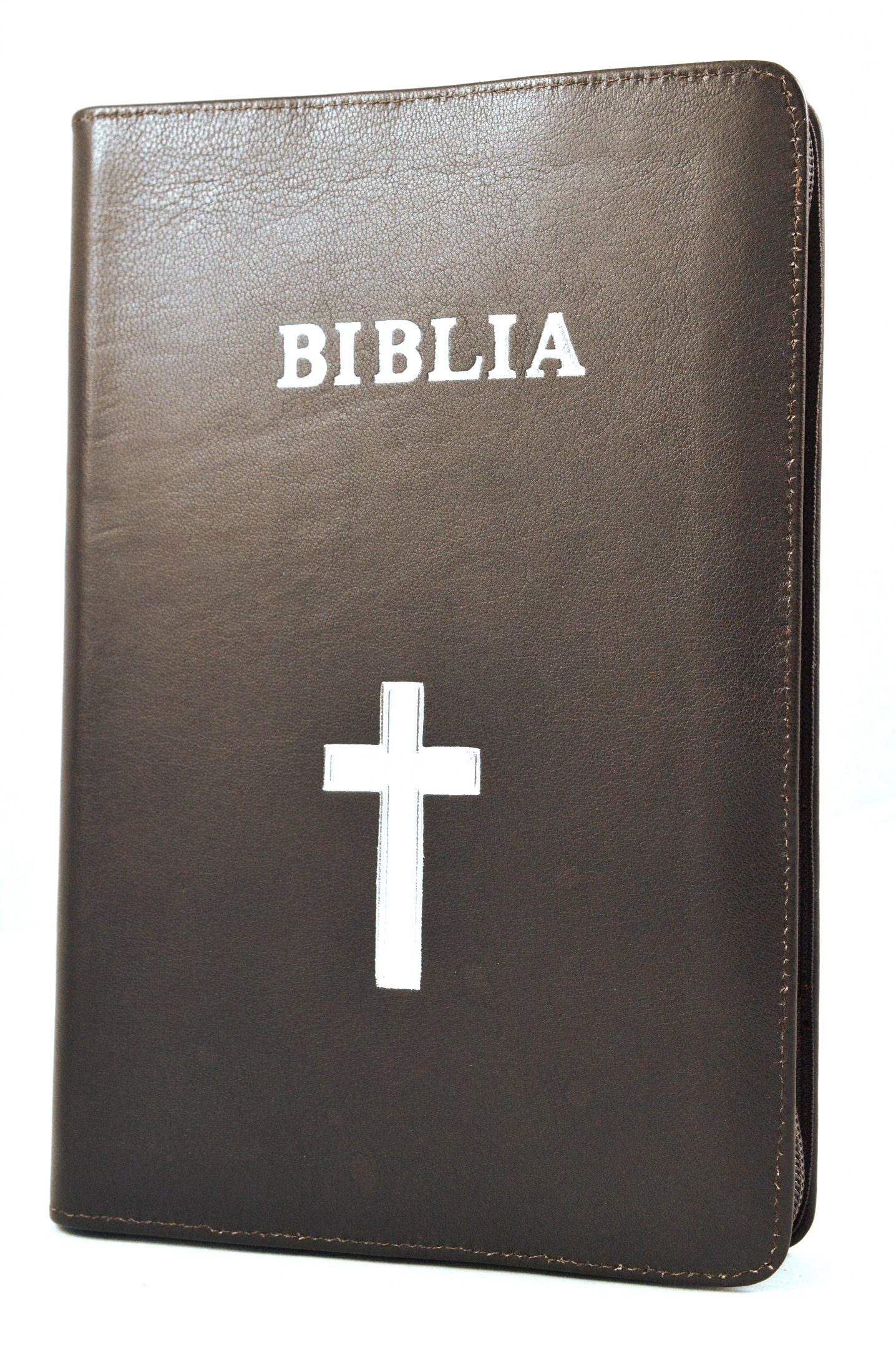 Biblia mare, coperta piele, coperta maro inchis, fermoar, simbol cruce [VS 073 PF]