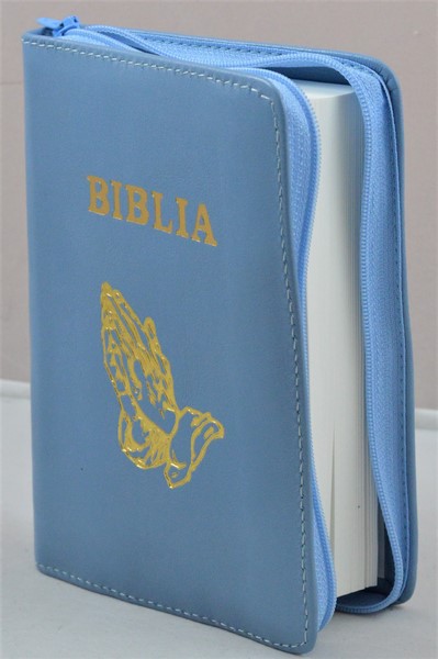Biblie din piele, mica, albastru deschis, fermoar, margini albe, simbolul maini in ruga, cuv. lui Isus in rosu [043 PF]