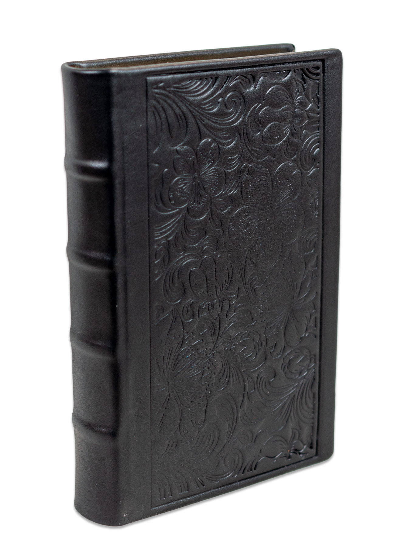 Biblia editie limitata, prelucrata manual, marime medie, neagra , margini aurii, index, model floral , cuv. lui Isus cu rosu [057 HMI]