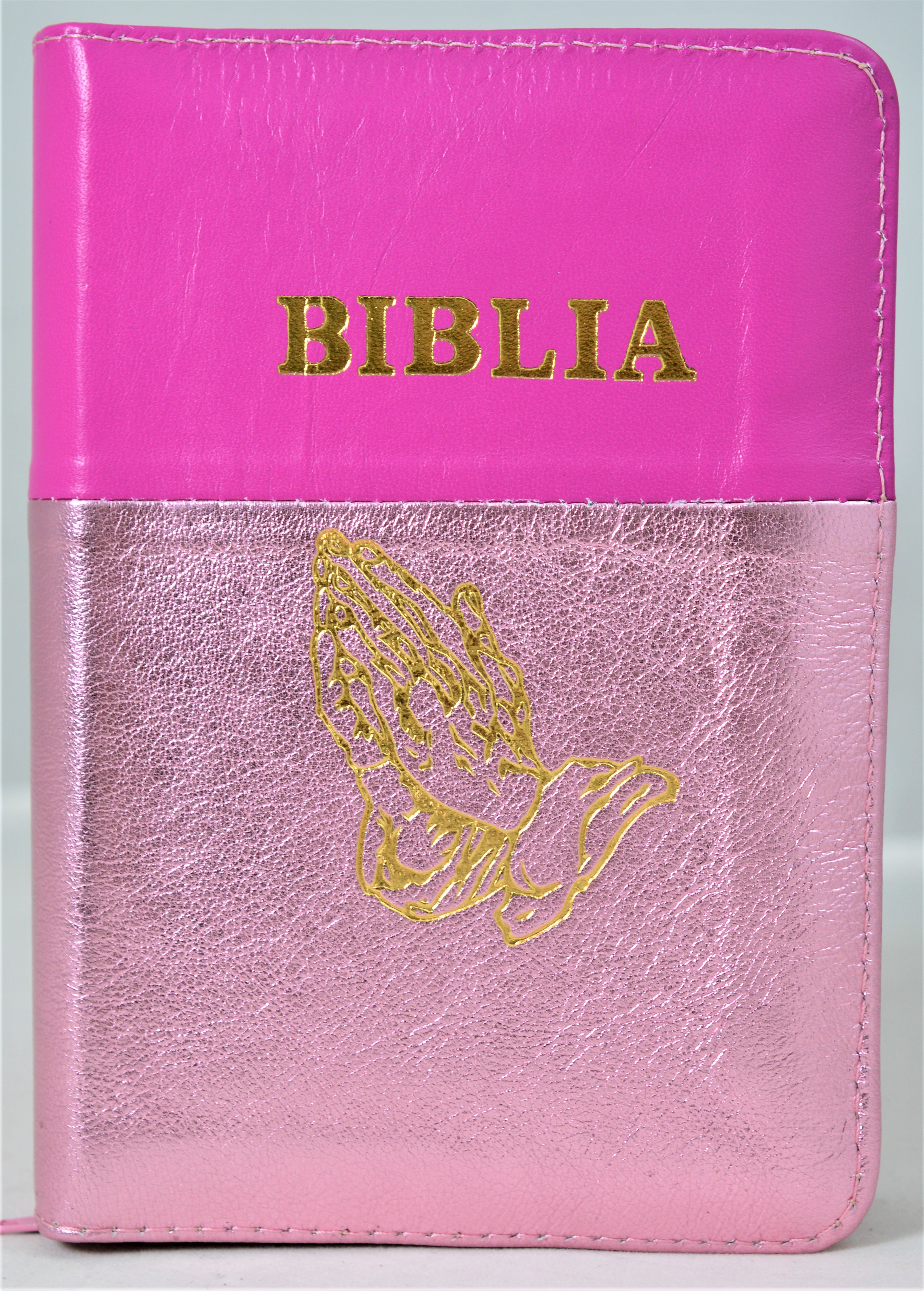 Biblie din piele, mica, roz cu roz sidefat, fermoar, margini albe,simbol maini in ruga, cuv. lui Isus in rosu [043 PF]