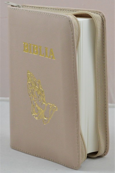 Biblie din piele, mica, bej sidefat, fermoar, margini albe, simbolul maini in ruga, cuv. lui Isus in rosu [043 PF]