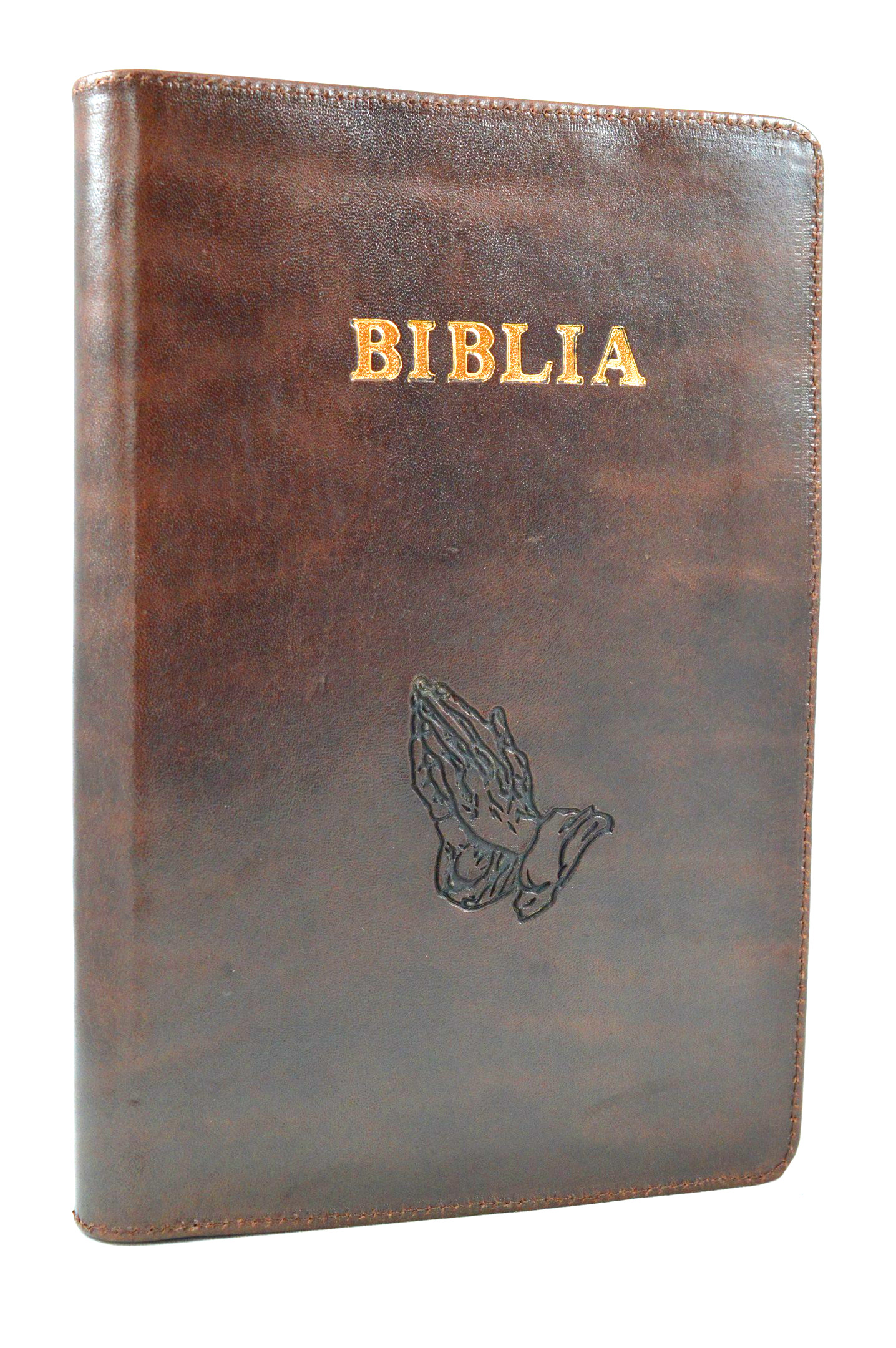 Biblia mare, coperta piele, maro inchis, fermoar, simbol maini gravate [VS 073 PF]