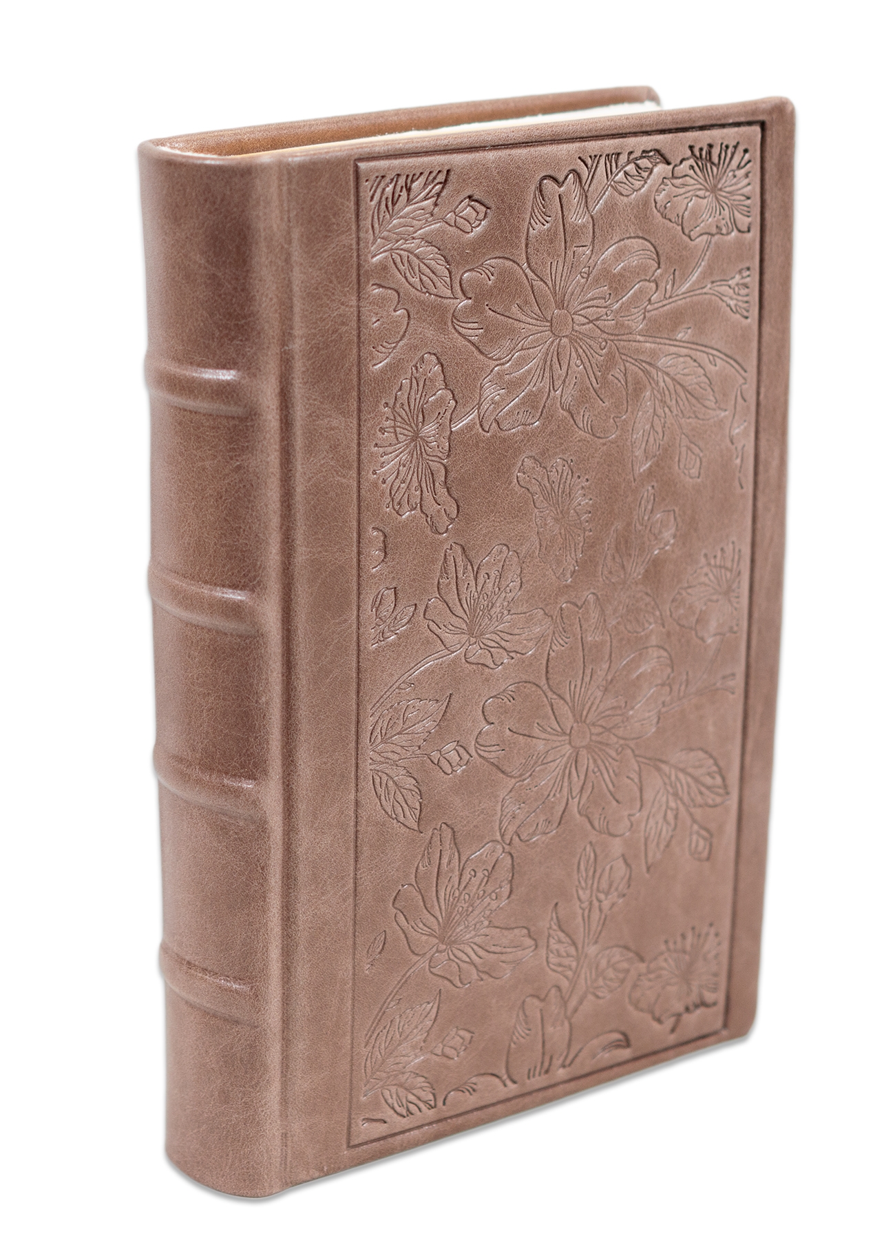 Biblia editie limitata, prelucrata manual, marime medie, maro deschis , margini aurii, index, model floral , cuv. lui Isus cu rosu [057 HMI]