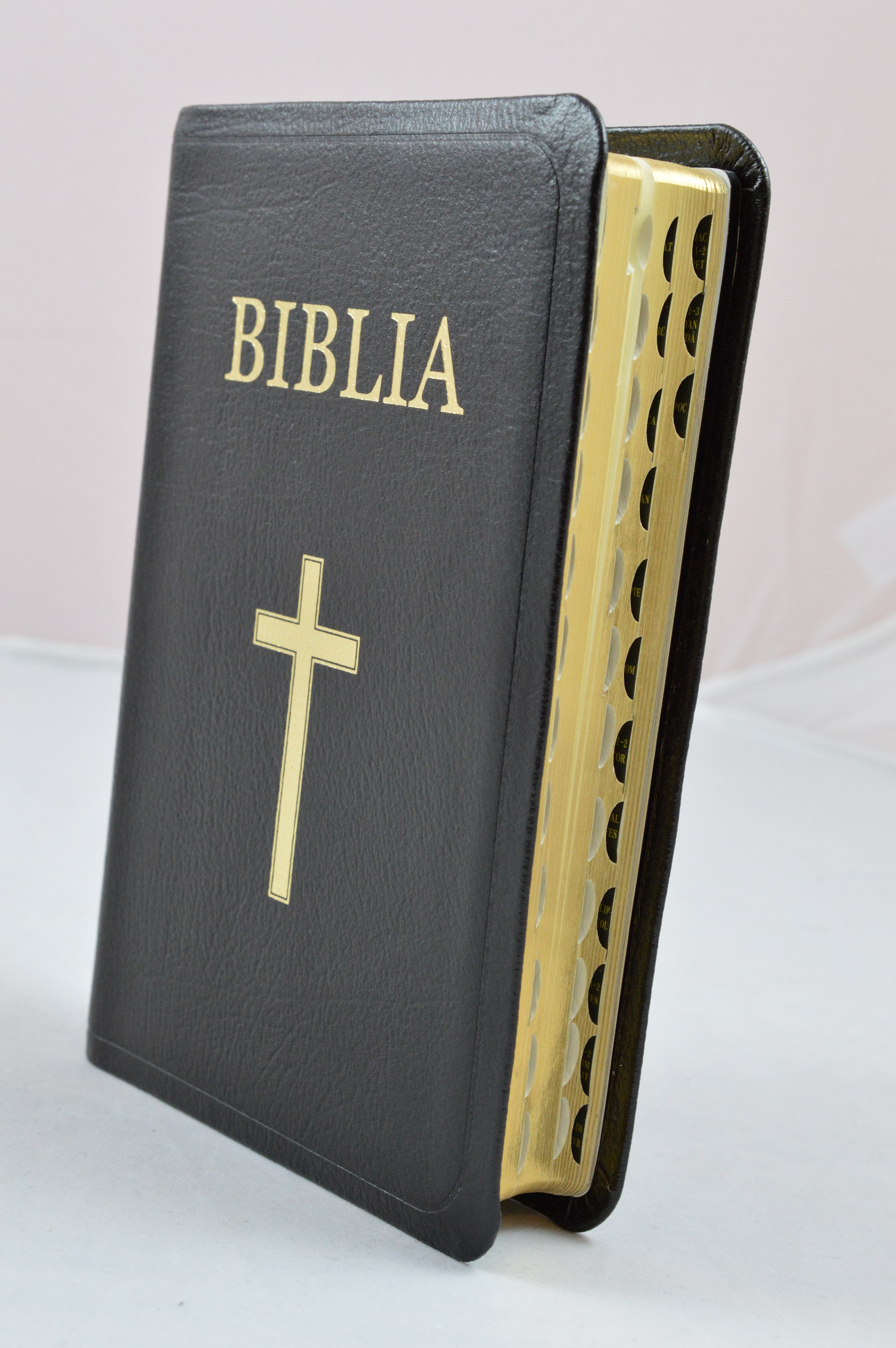 Biblie din piele neagra, medie, cruce, index lateral, margini aurii [053 PAR]