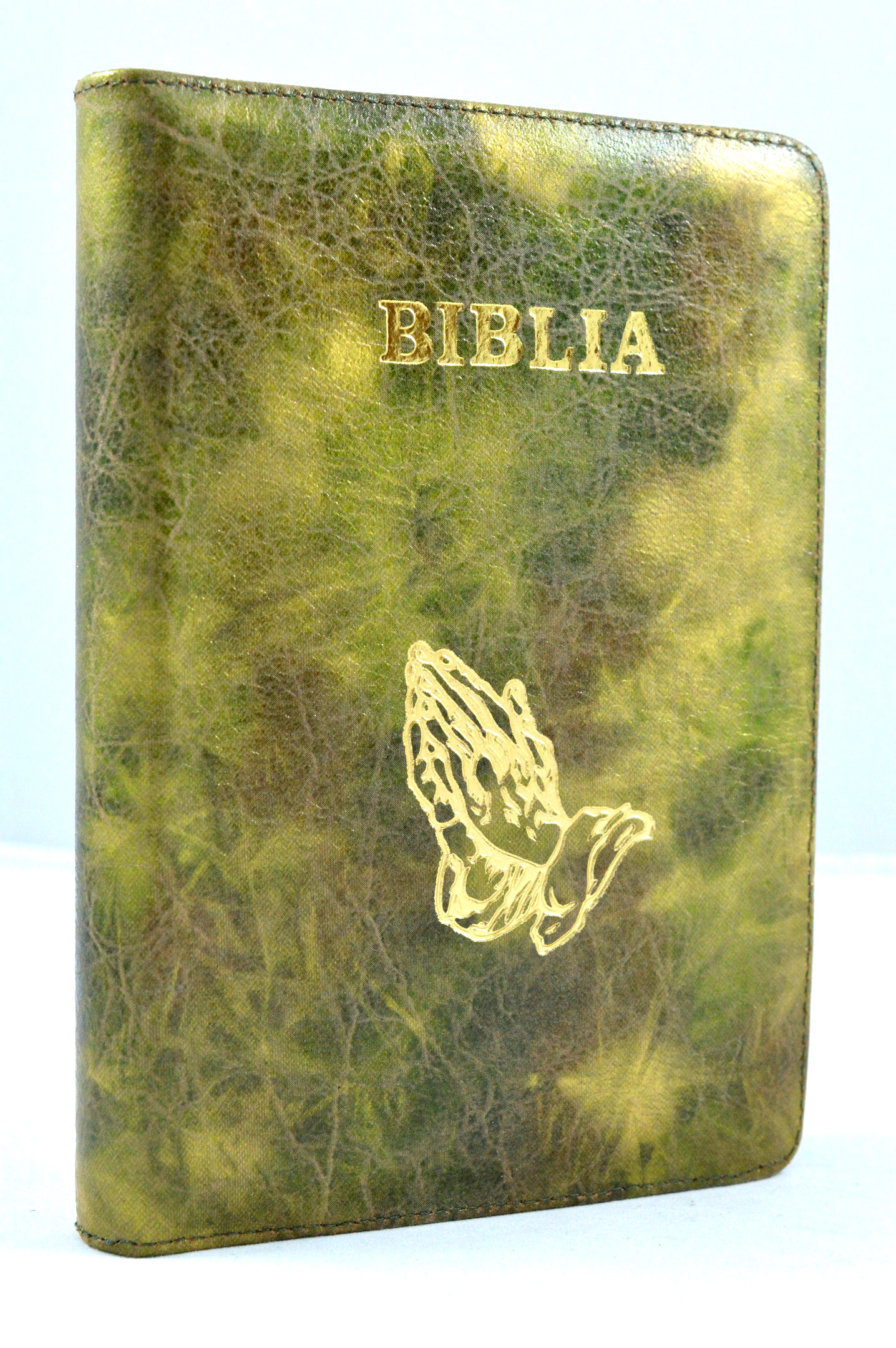 Biblia din piele, marime medie, nuante bej si verde, fermoar, simbol maini, cuv. lui Isus cu rosu [053]