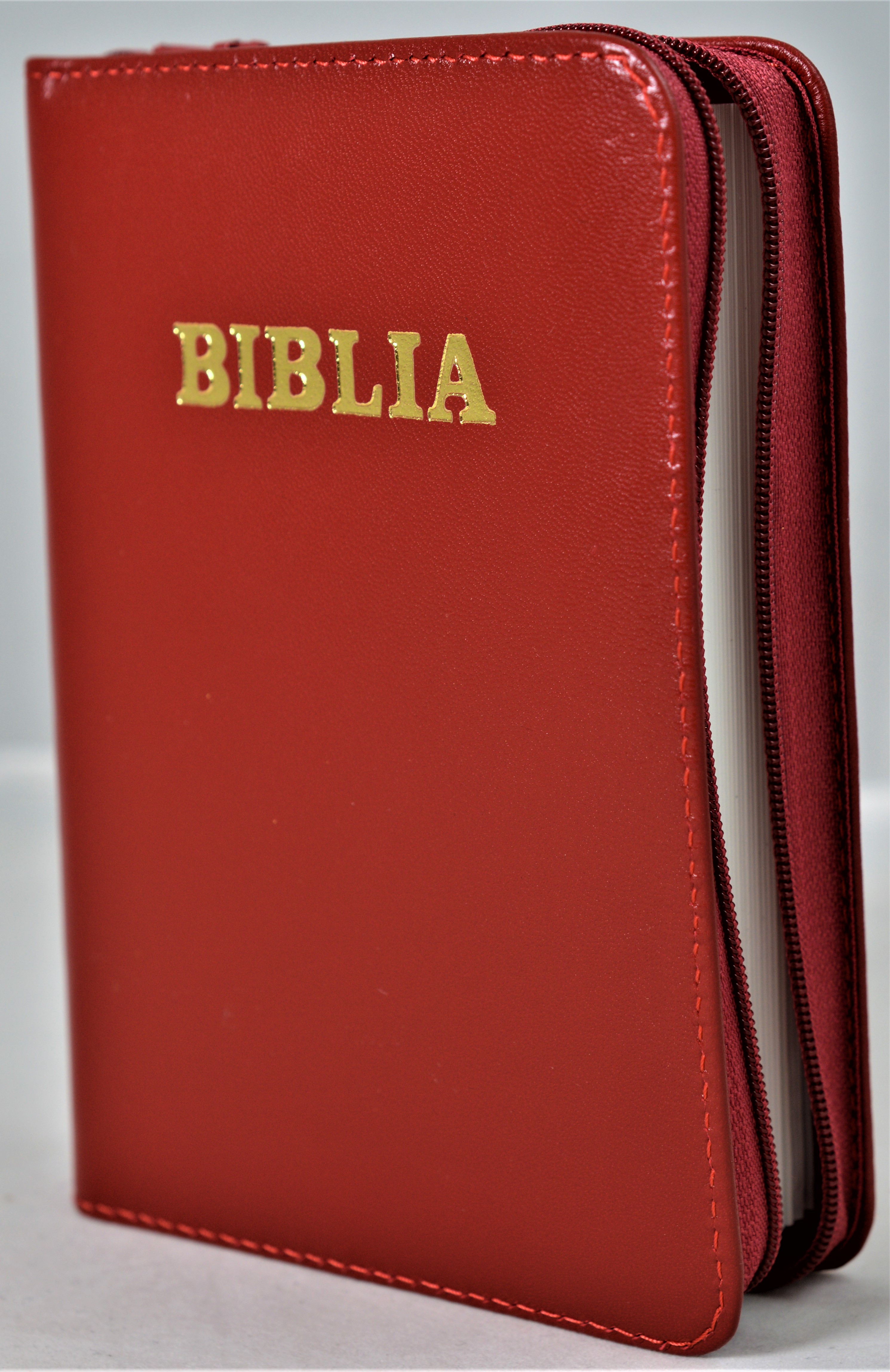 Biblie din piele, mica, rosie, fermoar, margini albe, cuv. lui Isus in rosu [043 PF]