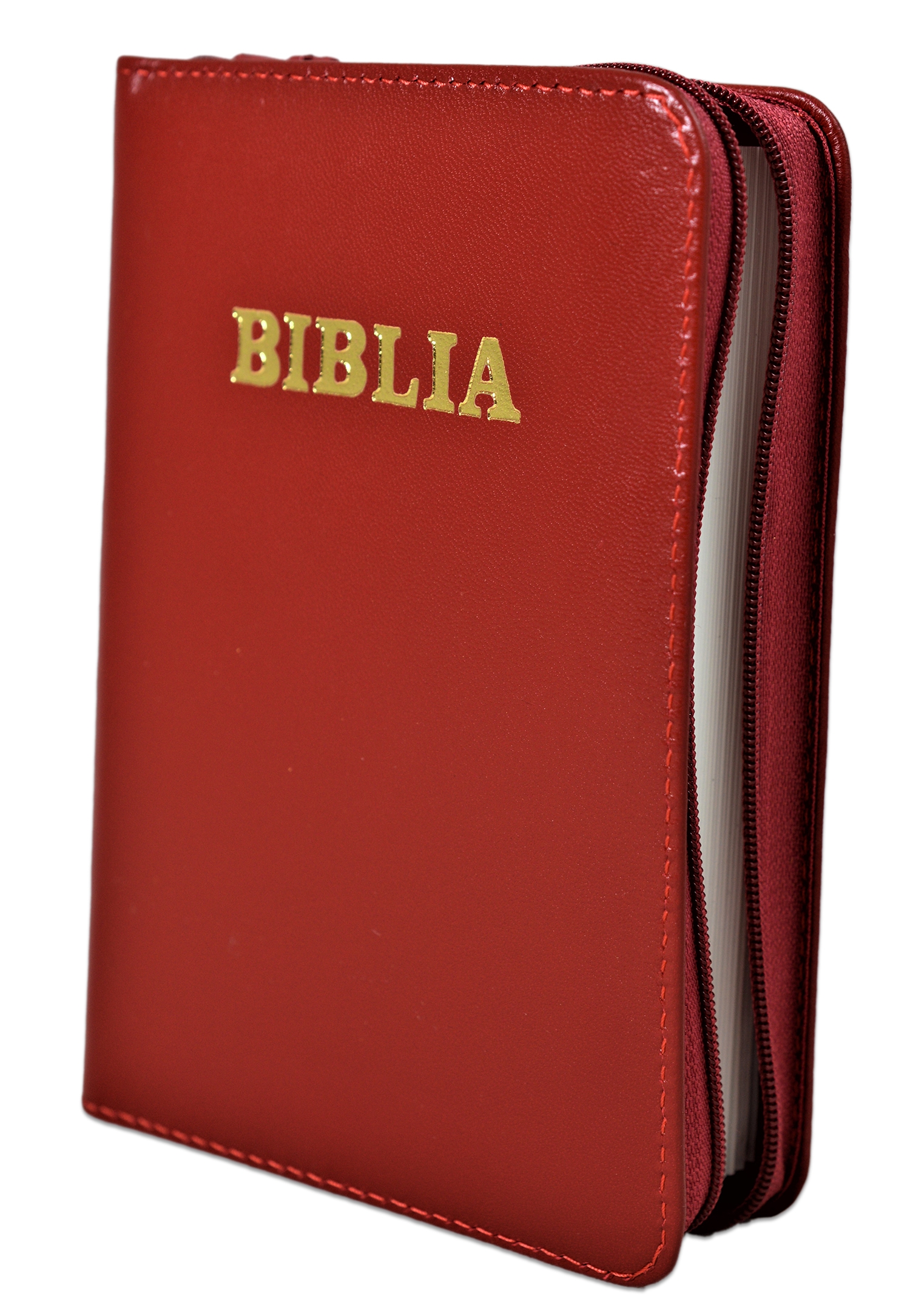 Biblie din piele,marime mica,culoare rosu inchis, fermoar, margini albe, cuv. lui Isus in rosu [043 PF]