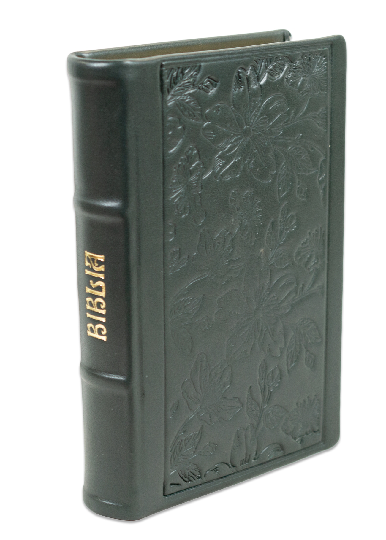 Biblia editie limitata, prelucrata manual, marime medie, verde foarte inchis , margini aurii, index, model floral , cuv. lui Isus cu rosu [057 HMI]