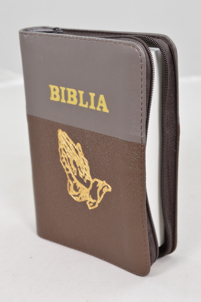 Biblie din piele, mica, nuanta maro cu maro inchis, fermoar, margini albe,simbol maini in ruga, cuv. lui Isus in rosu [043 PF]