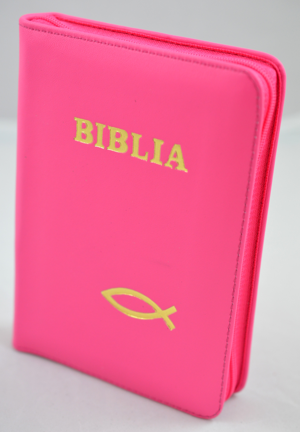 Biblia mica, din piele, culoare roz, cu fermoar, cu peste, cuv. lui Isus cu rosu [043 A]