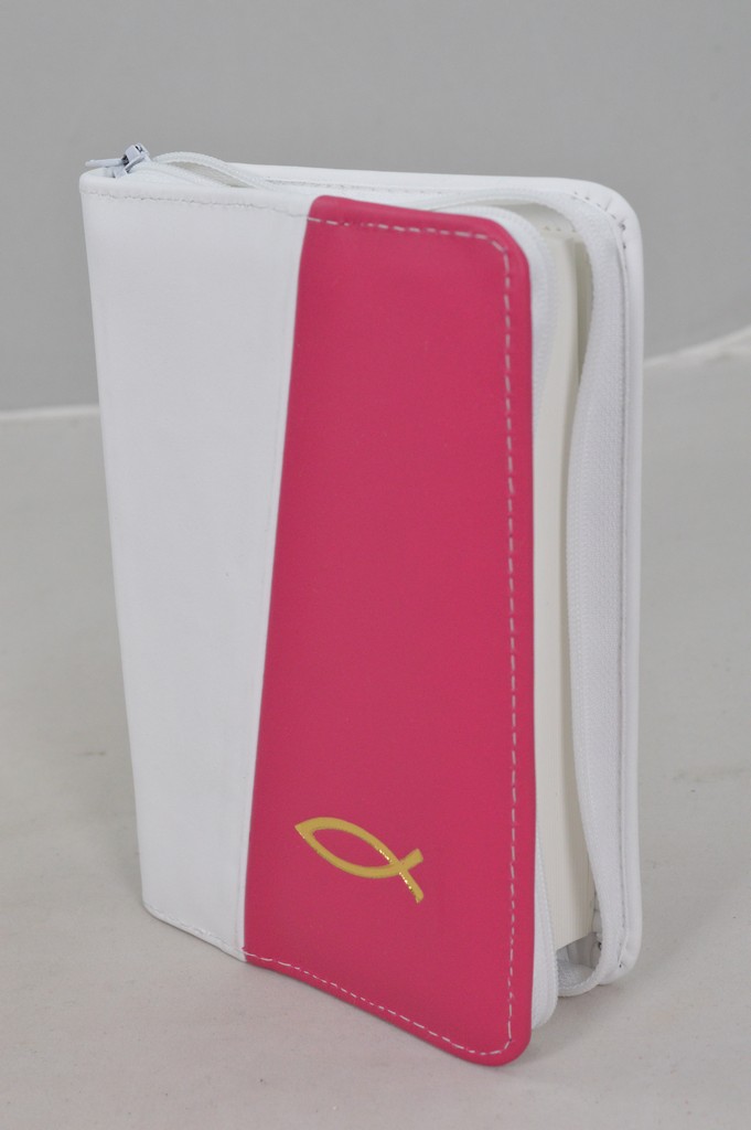 Biblie din piele, mica, alba/roz , fermoar, margini albe, simbolul peste, cuv. lui Isus in rosu [043 PF]