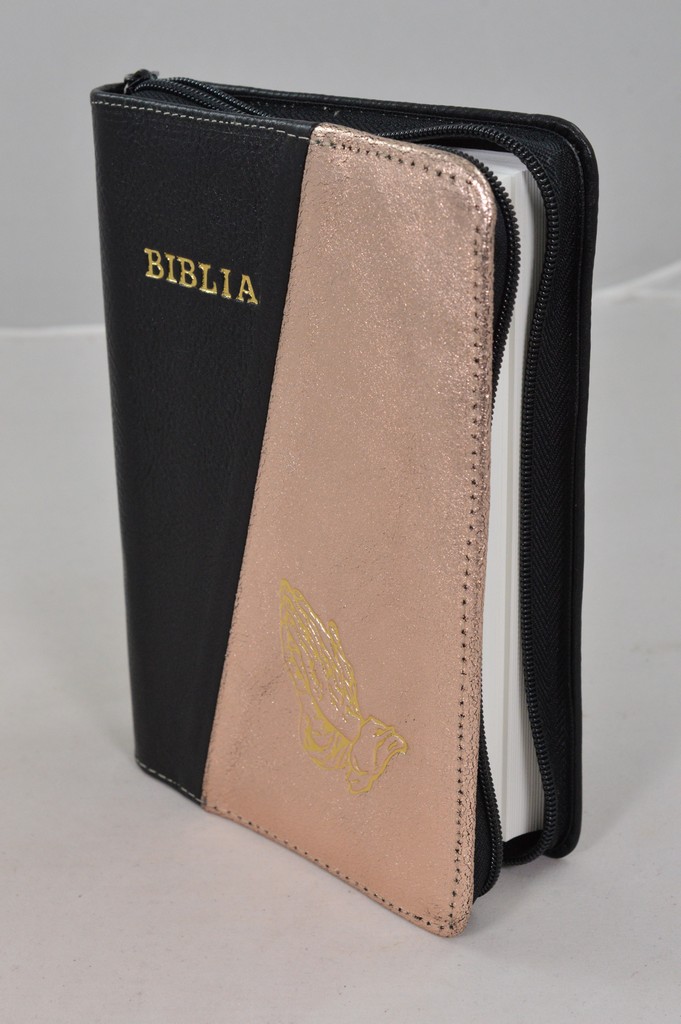 Biblia din piele, marime medie, negru/nuanta roz sidefat, fermoar, simbol maini in ruga, cuv. lui Isus cu rosu [053]