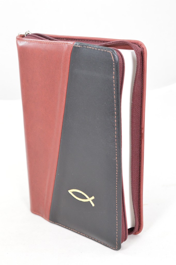 Biblia din piele, marime medie, visiniu/negru, fermoar, simbol peste, cuv. lui Isus cu rosu [053]
