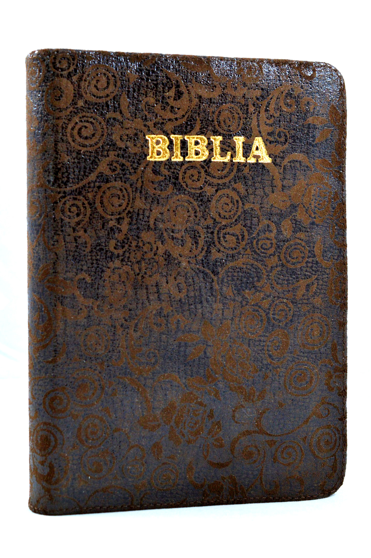 Biblia din piele, marime medie, maro inchis cu imprimeu, fermoar, cuv. lui Isus cu rosu [053]