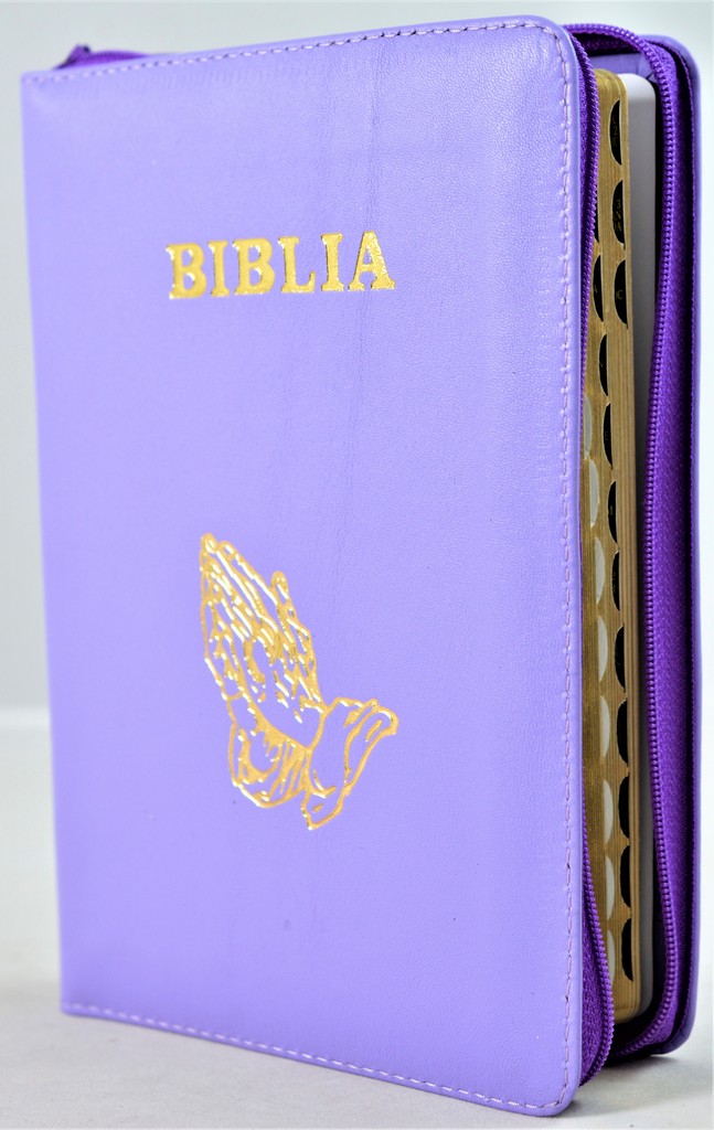 Biblie din piele, marime medie, culoare nuanta mov deschis, simbol maini in rugaciune, fermoar, index, margini aurii, [SB 057 PFI]